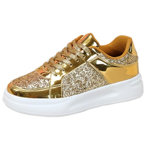 Onsoyours Damen Pailletten Sneakers Glitzer Low Plateau Walkingschuhe Freizeitschuhe Schnürer Sportschuhe Glänzende Atmungsaktiv Strass Glitzer Turnschuhe Laufschuhe A Gold 38 EU von Onsoyours