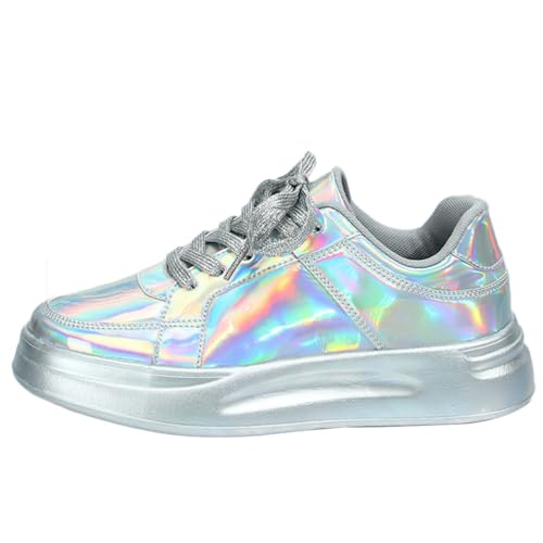 Onsoyours Damen Pailletten Sneakers Glitzer Low Plateau Walkingschuhe Freizeitschuhe Schnürer Sportschuhe Glänzende Atmungsaktiv Strass Glitzer Turnschuhe Laufschuhe A Silber-1 39 EU von Onsoyours