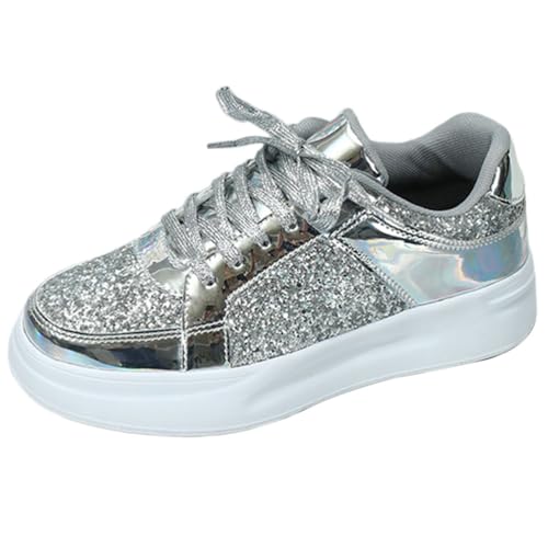 Onsoyours Damen Pailletten Sneakers Glitzer Low Plateau Walkingschuhe Freizeitschuhe Schnürer Sportschuhe Glänzende Atmungsaktiv Strass Glitzer Turnschuhe Laufschuhe A Silber-2 37 EU von Onsoyours