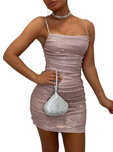 Onsoyours Damen Partykleider Wickelkleid Glitzer Minikleider Elegant Rückenfreies Bodycon Ruched Kleid Spaghetti Strap Stretchy Club Cocktailkleid A Rosa S von Onsoyours