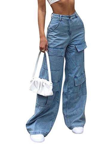 Onsoyours Damen Patchwork Jeans Baggy Hip Hop Jeanshose Casual Straight Leg Denim Hosen Vintage Farbblock Weitem Bein Pants Streetwear A Blau 3XL von Onsoyours