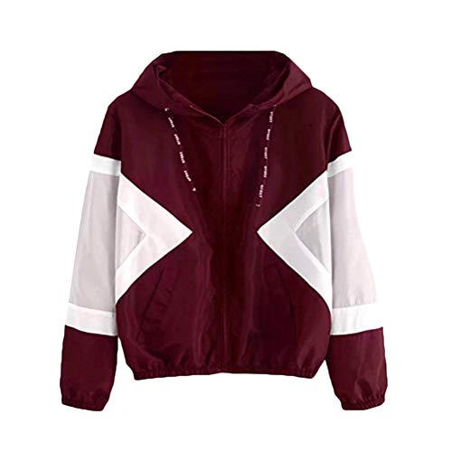 Onsoyours Damen Patchwork Mantel Windbreaker Leicht Oversize Jacke Teenager Mädchen Hoodie mit Reißverschluss Patchwork Übergangsjacke Dünne Softshell Jacke Mantel G Weinrot S von Onsoyours