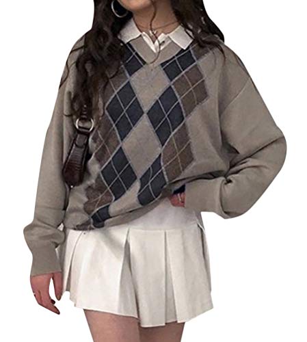 Onsoyours Damen Plaid Y2k Pullover Geometrisches Muster Casual Herbst Winter Gestrickte Jumper Mode Lose Strickwaren Pullover England Style Top C Khaki S von Onsoyours