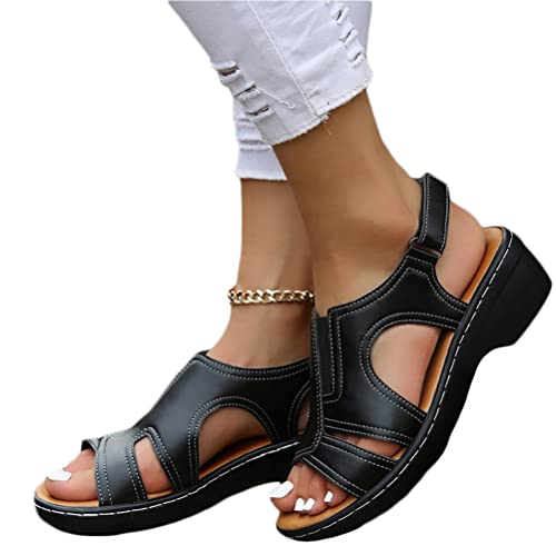 Onsoyours Damen Plateau Sandalen mit Klettverschluss Nähgarn Fischmaul Keilabsatz Sandaletten Offene Zehen Römersandalen Rutschfest Sommerschuhe A Schwarz 40 EU von Onsoyours