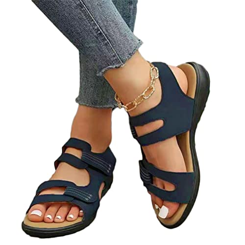Onsoyours Damen Plateau Sandalen mit Klettverschluss Nähgarn Fischmaul Keilabsatz Sandaletten Offene Zehen Römersandalen Rutschfest Sommerschuhe D Dunkelblau 41 EU von Onsoyours