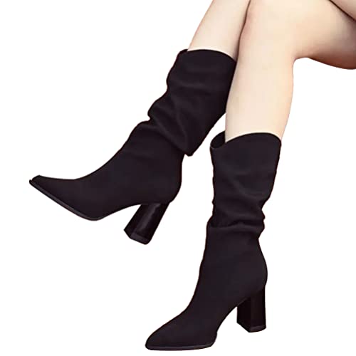 Onsoyours Damen Plissiert Halbhohe Stiefel Gespitzte Zehe Stiefel Wildleder Boots High Heels Sexy Herbst Winter Mode Elegant Chic Schuhe A Schwarz 35 EU von Onsoyours