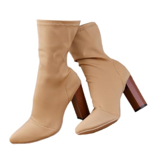 Onsoyours Damen Plissiert Halbhohe Stiefel Gespitzte Zehe Stiefel Wildleder Boots High Heels Sexy Herbst Winter Mode Elegant Chic Schuhe C Mandel 43 EU von Onsoyours