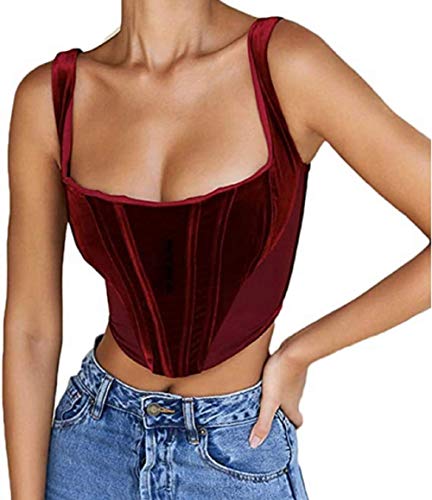 Onsoyours Damen Pu Leder Crop Top Schnüren Y2K Spaghettiträger Bustier Korsett Überbrust Taille Tanktops Rückenloses Camis Shirt H Rot L von Onsoyours