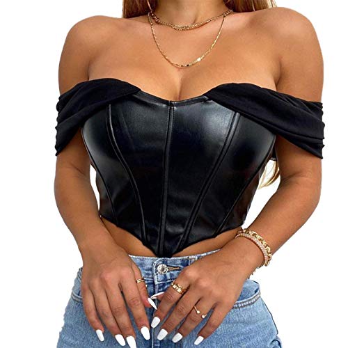 Onsoyours Damen Pu Leder Crop Top Schnüren Y2K Spaghettiträger Bustier Korsett Überbrust Taille Tanktops Rückenloses Shirt Streetwear L Schwarz S von Onsoyours