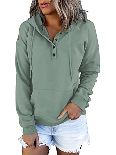 Onsoyours Damen Pullover Hoodie Kapuzenpullover Pulli Langarm Sweatshirt Tops Casual Button Down Einfarbig Oberteil mit Taschen A Minzgrün XL von Onsoyours