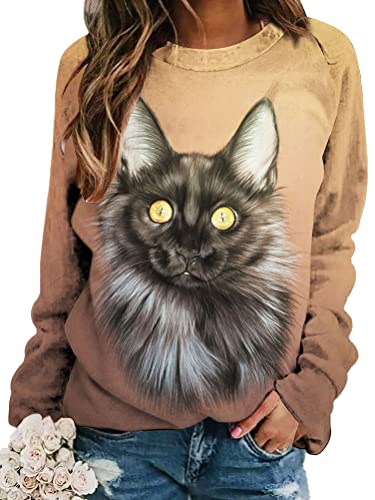 Onsoyours Damen Pullover Katze Bedrucktes Rundhals Jumpers Sweatshirt Vintage Langarmshirt Oversized Langarm Oberteile Mode Freizeit Sweater Pulli Lässige Retro Blusen A Muster-2 M von Onsoyours