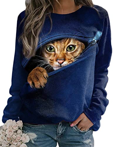 Onsoyours Damen Pullover Katze Bedrucktes Rundhals Jumpers Sweatshirt Vintage Langarmshirt Oversized Langarm Oberteile Mode Freizeit Sweater Pulli Lässige Retro Blusen Stil-21 XL von Onsoyours