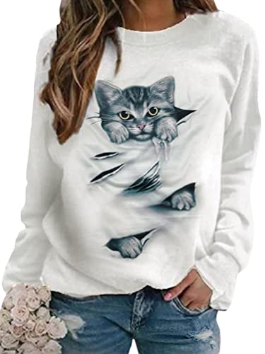 Onsoyours Damen Pullover Katze Bedrucktes Rundhals Jumpers Sweatshirt Vintage Langarmshirt Oversized Langarm Oberteile Mode Freizeit Sweater Pulli Lässige Retro Blusen Stil-3 XL von Onsoyours