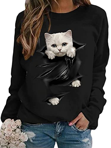 Onsoyours Damen Pullover Katze Bedrucktes Rundhals Jumpers Sweatshirt Vintage Langarmshirt Oversized Langarm Oberteile Mode Freizeit Sweater Pulli Lässige Retro Blusen Stil-6 L von Onsoyours