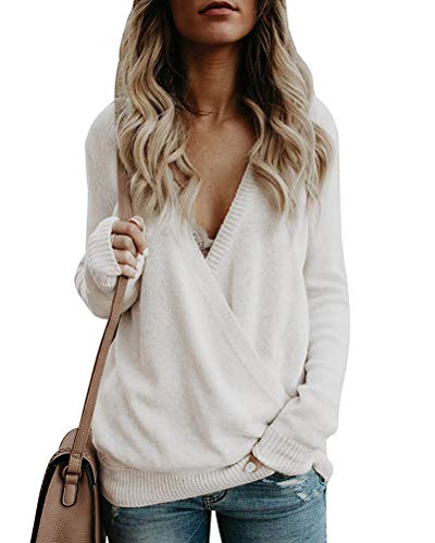 Onsoyours Damen Pullover Oberteile Strickpullover für Damen Herbst Winter Sweater Pulli Langarm V-Ausschnitt Stricken Oberteil Tops Batwing Cross Front Aprikose L von Onsoyours