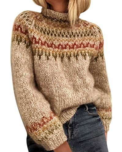 Onsoyours Damen Pullover Rundhals Langarm Strickpullover Lässig Locker Stricksweater Rollkragen Stricksweatshirt Jacquard Muster Pullover D Aprikose L von Onsoyours