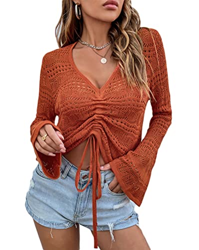 Onsoyours Damen Pullover Strickpullover Lose Strick Pulloveroberteil Sweater Pulli Herbst Oberteile Tops Gestrickter Dünner Pullover mit Ausschnitten A Rot M von Onsoyours