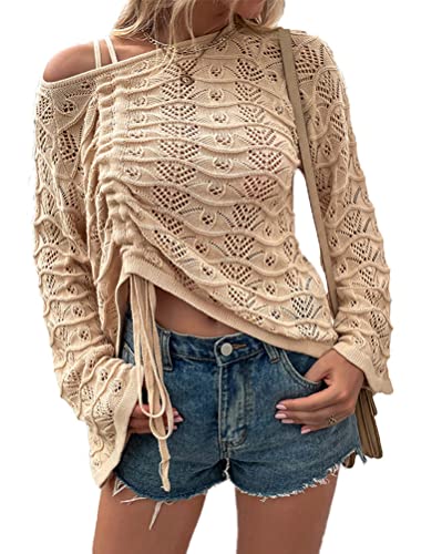 Onsoyours Damen Pullover Strickpullover Lose Strick Pulloveroberteil Sweater Pulli Herbst Oberteile Tops Gestrickter Dünner Pullover mit Ausschnitten B Aprikose M von Onsoyours