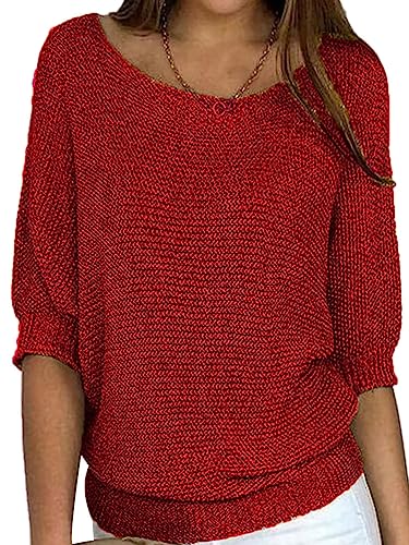 Onsoyours Damen Pullover Strickpullover Rundhalsausschnitt Langarm Lose Bluse Strickpulli Shirt Oversize Lässige Sweatshirt A Rot S von Onsoyours