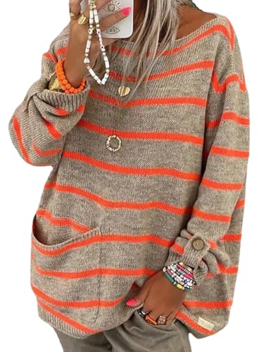 Onsoyours Damen Pullover Sweater Gestreift Strickpullover Oversize Rundhals Langarm Casual Sweatshirt Pulli Elegant Jumper Oberteile Tops Mit Tasche A Orange L von Onsoyours