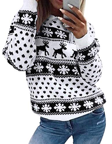 Onsoyours Damen Pullover Teenager Mädchen Weihnachtspulli Pullover Strickpulli Rundhals Familie Rentier und Schnee Langarm Christmas Sweatshirt Vintage Pulli Weihnachtspullover A Schwarz L von Onsoyours