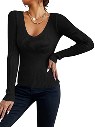 Onsoyours Damen Pullover U Ausschnitt Gerippt Slim Fit Dünn Pulli Sexy Langarmshirt Basic Oberteile Tunika Elegant Frühling Herbst Outfit A Schwarz M von Onsoyours