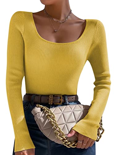 Onsoyours Damen Pullover U Ausschnitt Gerippt Slim Fit Dünn Pulli Sexy Langarmshirt Basic Oberteile Tunika Elegant Frühling Herbst Outfit B Gelb S von Onsoyours