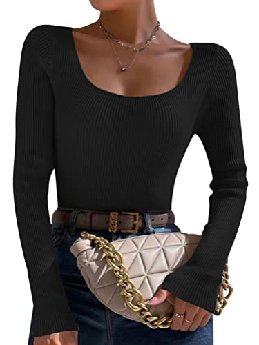 Onsoyours Damen Pullover U Ausschnitt Gerippt Slim Fit Dünn Pulli Sexy Langarmshirt Basic Oberteile Tunika Elegant Frühling Herbst Outfit B Schwarz XL von Onsoyours