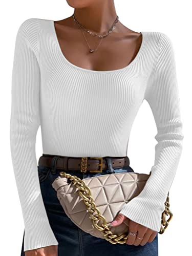 Onsoyours Damen Pullover U Ausschnitt Gerippt Slim Fit Dünn Pulli Sexy Langarmshirt Basic Oberteile Tunika Elegant Frühling Herbst Outfit B Weiß S von Onsoyours