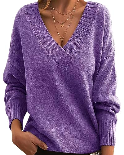 Onsoyours Damen Pullover V Ausschnitt Tops Casual Langarmshirt Gestrickt Einfarbig Oberteile Sweatshirt mit Leopard G Violett XXL von Onsoyours