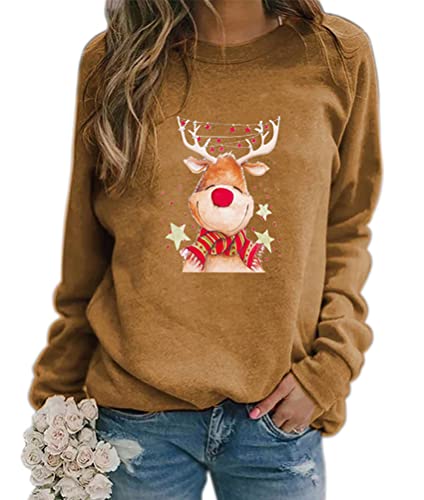 Onsoyours Damen Pullover Weihnachten Rudolph Rentier Elfe Weihnachtspullover Kapuzenpullover Teenager Mädchen Weihnachtspulli Weihnachtsmann Christmas Sweatshirt Xmas Pulli Shirt C Khaki XXL von Onsoyours