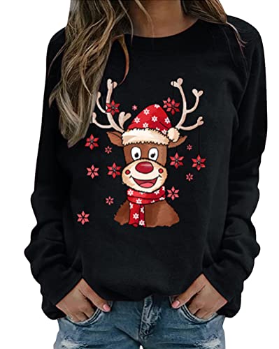 Onsoyours Damen Pullover Weihnachten Rudolph Rentier Elfe Weihnachtspullover Kapuzenpullover Teenager Mädchen Weihnachtspulli Weihnachtsmann Christmas Sweatshirt Xmas Pulli Shirt D Schwarz L von Onsoyours