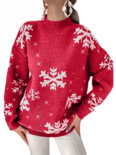 Onsoyours Damen Pullover Weihnachtspulli Pullover Strickpulli Rundhals Familie Rentier und Schnee Langarm Christmas Sweatshirt Vintage Pulli Weihnachtspullover E Rot M von Onsoyours