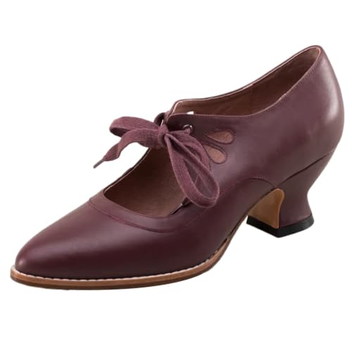Onsoyours Damen Pumps Hohle Schnürbare High Heel Damenschuhe Vintage Hochzeitsschuhe Brautschuhe Mary Jane Knöchelriemchen A Burgunderrot 39 EU von Onsoyours