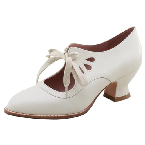 Onsoyours Damen Pumps Hohle Schnürbare High Heel Damenschuhe Vintage Hochzeitsschuhe Brautschuhe Mary Jane Knöchelriemchen A Weiß 38 EU von Onsoyours