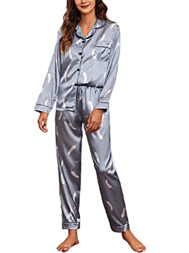 Onsoyours Damen Pyjama Set Schlafanzug mit Knopfleiste Sleepwear Set Nachtwäsche PJ Set mit Langarm Shirt A Blau M von Onsoyours