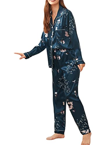 Onsoyours Damen Pyjama Set Schlafanzug mit Knopfleiste Sleepwear Set Nachtwäsche PJ Set mit Langarm Shirt A Dunkelblau M von Onsoyours