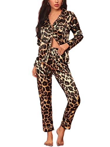 Onsoyours Damen Pyjama Set Schlafanzug mit Knopfleiste Sleepwear Set Nachtwäsche PJ Set mit Langarm Shirt A Khaki Leopard S von Onsoyours