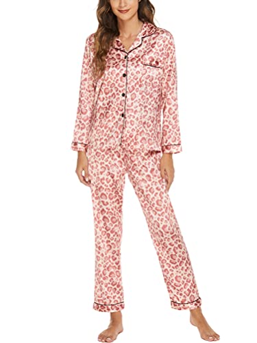 Onsoyours Damen Pyjama Set Schlafanzug mit Knopfleiste Sleepwear Set Nachtwäsche PJ Set mit Langarm Shirt A Rosa Leopard L von Onsoyours