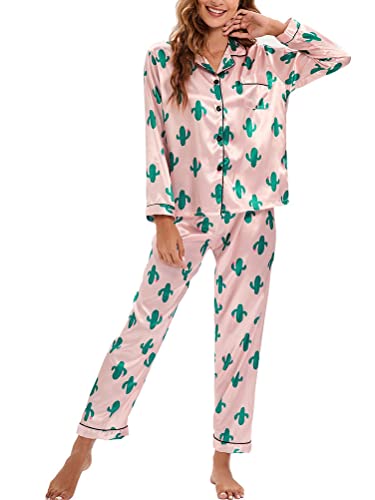 Onsoyours Damen Pyjama Set Schlafanzug mit Knopfleiste Sleepwear Set Nachtwäsche PJ Set mit Langarm Shirt B Rosa M von Onsoyours
