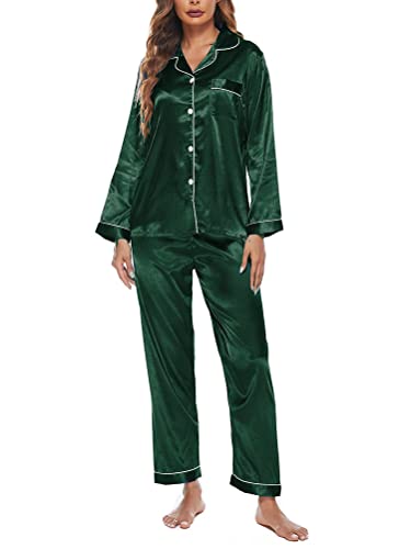 Onsoyours Damen Pyjama Set Schlafanzug mit Knopfleiste Sleepwear Set Nachtwäsche PJ Set mit Langarm Shirt C Grün M von Onsoyours