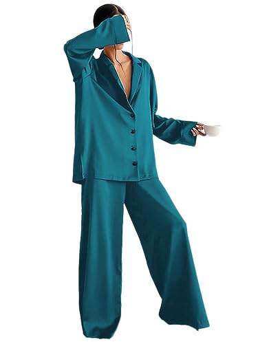 Onsoyours Damen Pyjama Set Schlafanzug mit Knopfleiste Sleepwear Set Nachtwäsche PJ Set mit Langarm Shirt E Helles Cyan M von Onsoyours