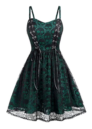 Onsoyours Damen Retro Kleider Sexy Ärmelloses Spitze Schnürkleid Swing Weinlese Partykleider A-Linie Boho Cocktailkleid Festliches Halloween A Grün XXL von Onsoyours