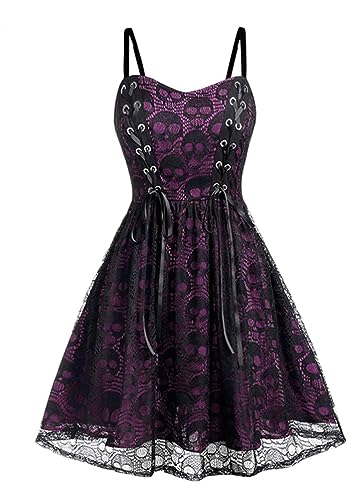 Onsoyours Damen Retro Kleider Sexy Ärmelloses Spitze Schnürkleid Swing Weinlese Partykleider A-Linie Boho Cocktailkleid Festliches Halloween A Hellviolett M von Onsoyours