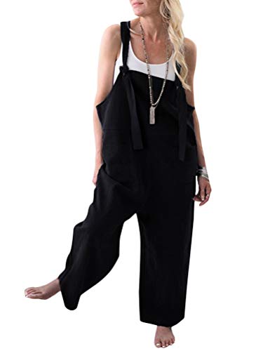 Onsoyours Damen Retro Latzhose Sommerhose Jumpsuits Playsuit Bib Hose Leinen Casual Loose Overall Lange Wide Leg Hosen (44, A Schwarz) von Onsoyours