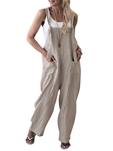 Onsoyours Damen Retro Latzhose Sommerhose Jumpsuits Playsuit Bib Hose Leinen Casual Loose Overall Lange Wide Leg Hosen A Aprikose DE 42 von Onsoyours