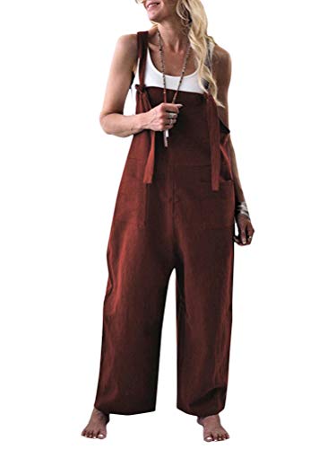 Onsoyours Damen Retro Latzhose Sommerhose Jumpsuits Playsuit Bib Hose Leinen Casual Loose Overall Lange Wide Leg Hosen A Kaffee DE 44 von Onsoyours