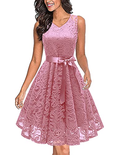 Onsoyours Damen Retro Spitzen Ärmelloses Chiffon Kleid Mode Einfarbig Wickelkleid Brautjungfernkleider Cocktailkleid Partykleid Maxikleid Abendkleider Ballkleid A Rosa XL von Onsoyours