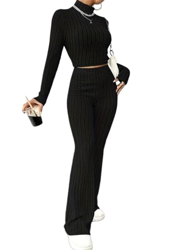 Onsoyours Damen Ribbed Zweiteiler Anzug Set Gerippt Strick Pullover Crop Tops Langarm und Weites Hosen 2 Teilige Freizeitanzug Causal Elegant Outfit Loungewear Jogginganzug A Schwarz XS von Onsoyours