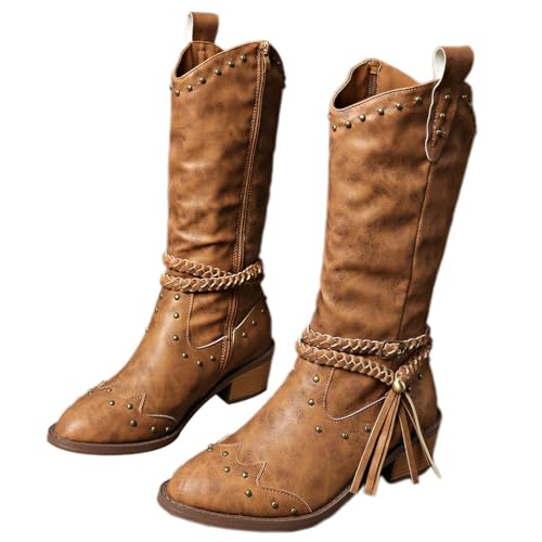 Onsoyours Damen Ritterstiefel Halbhohe Cowboy Stiefel Schneestiefel Wildlederstiefel Quastenstiefel Spitze Stiefel Gürtelschnalle Nieten Stiefeletten mit Blockabsatz A Braun 38 EU von Onsoyours